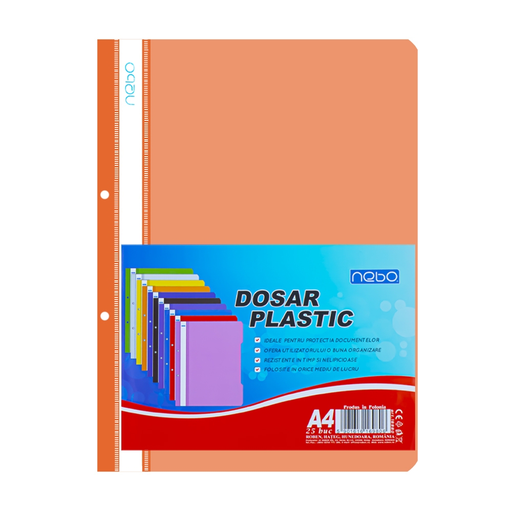Dosar plastic A4, Portocaliu - NEBO - Confectionat din polipropilena; - Dosarul are: coperta superioara transparenta (120 microni), coperta inferioara portocalie (180 microni), alonja interioara cu sina din metal si bara de presiune din plastic, cotor cu 2 perforatii pentru prindere in biblioraft; - Produsul este ambalat la 50 dosare/folie; - Pretul afisat este pentru un dosar.