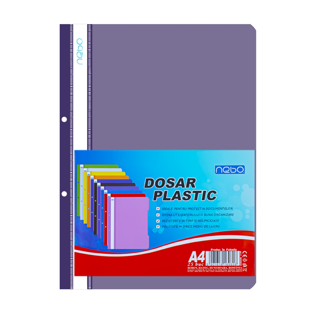 Dosar plastic A4, Violet- NEBO - Confectionat din polipropilena; - Dosarul are: coperta superioara transparenta (120 microni), coperta inferioara violet (180 microni), alonja interioara cu sina din metal si bara de presiune din plastic, cotor cu 2 perforatii pentru prindere in biblioraft; - Produsul este ambalat la 50 dosare/folie; - Pretul afisat este pentru un dosar.