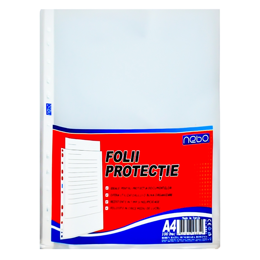 Folie protectie A4 set 100 - NEBO- Confectionata din polipropilena (40 microni);- Format A4;- Deschidere in partea de sus (tip "U");- Tratata antistatic;- Aspect mat antireflexie;- 11 perforatii standard pentru prindere.