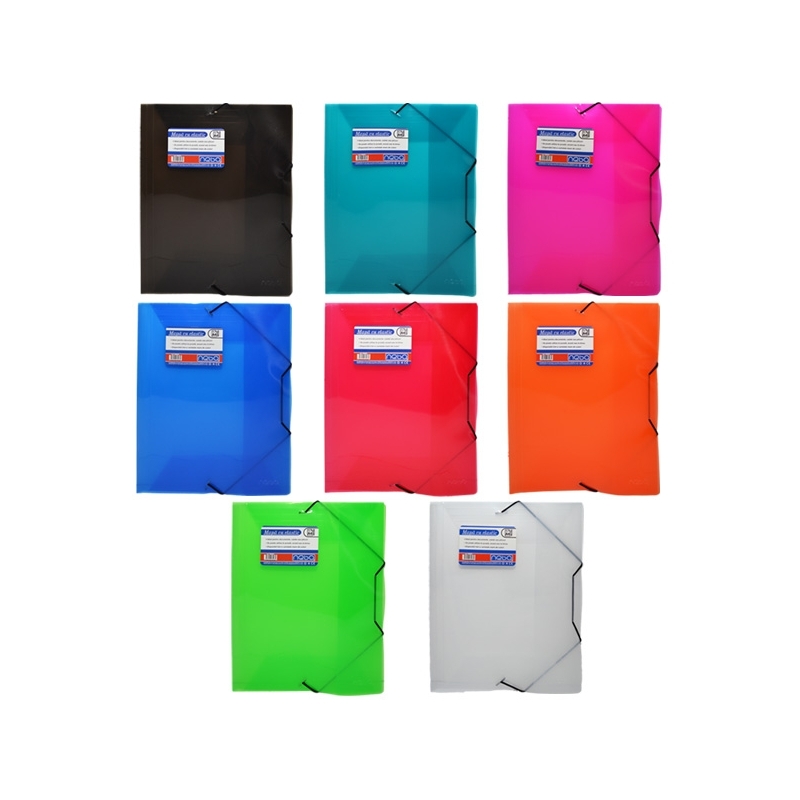 Mapa A4, din plastic, cu elastic, translucida - NEBO - confectionata din plastic color translucid; - inchidere cu elastic; - capacitate maxima: 150 coli; - produsul este ambalat la 12 mape/folie; - dimensiune mapa: 23x0,3x31,5 cm; - greutate mapa: 0,075 kg.