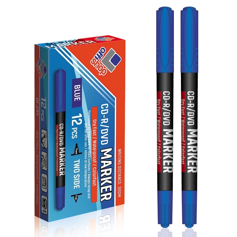 Marker CD/DVD 2 capete, albastru, 0,5-0,1 mm, 12 buc/set - OFFISHOP- Potrivit pentru toate tipurile de suprafete,- Lungimea urmei de scriere: 300 m,- Dispune de 2 capete pentru scriere: 0,5 - 0,7 / 1,0 - 1,2,- Uscare rapida,- Impermeabil,- Ambalare: 1/12.