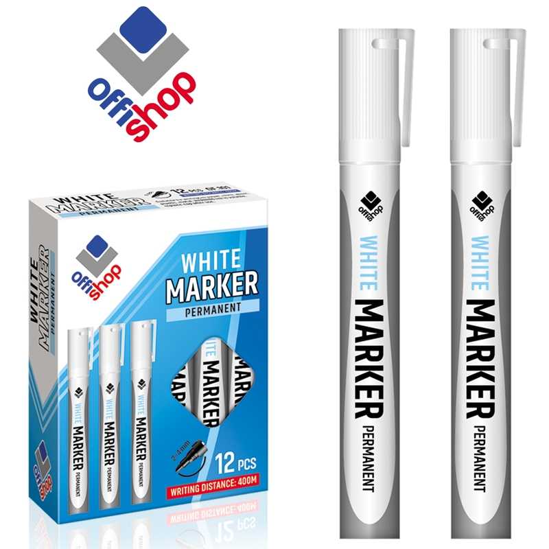 Marker permanent alb, 2-4 mm, 12 buc/set - OFFISHOP - Varf rotund alb, - Potrivit pentru scris pe hartie, materiel textil, lemn, plastic, metal, etc, - Lungime de scriere: 400 m, - Grosime de sciere: 2-4 mm, - Uscare rapida.