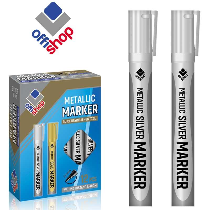 Marker permanent argintiu, 2-4 mm, 12 buc/set - OFFISHOP- Varf rotund argintiu,- Potrivit pentru scris pe hartie, materiel textil, lemn, plastic, metal, etc,- Lungime de scriere: 400 m,- Grosime de sciere: 2-4 mm,- Uscare rapida,- Ambalare: 12 bucati/cutie.