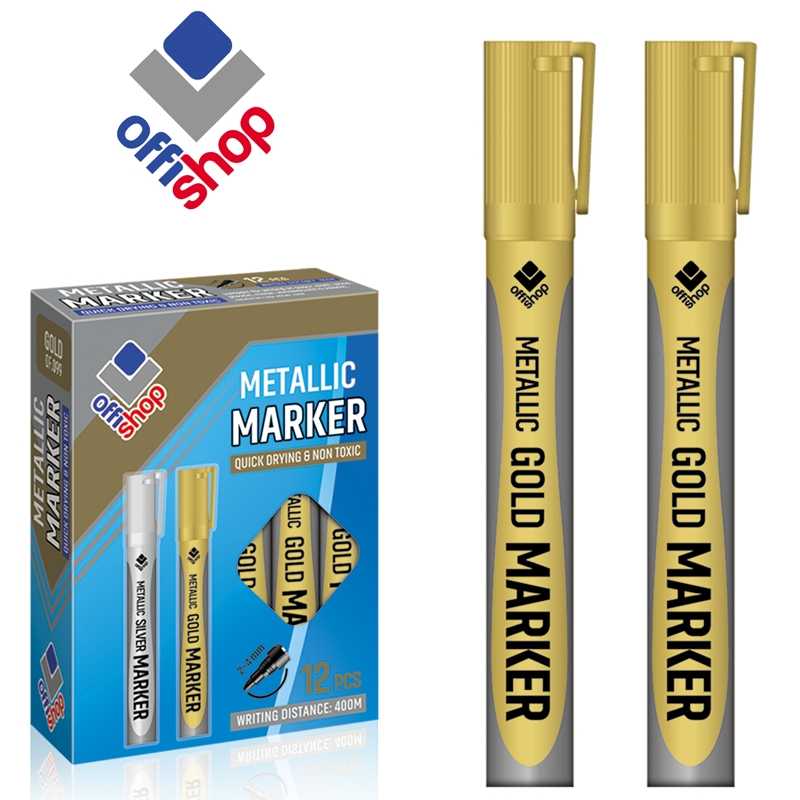 Marker permanent auriu, 2-4 mm, 12 buc/set - OFFISHOP- Varf rotund auriu,- Potrivit pentru scris pe hartie, materiel textil, lemn, plastic, metal, etc,- Lungime de scriere: 400 m,- Grosime de sciere: 2-4 mm,- Uscare rapida,- Ambalare: 12 bucati/cutie.