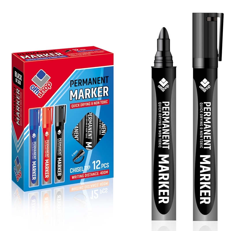 Marker permanent negru, 2-4 mm, 12 buc/set - OFFISHOP- Varf rotund, negru,- Potrivit pentru scris pe hartie, materiel textil, lemn, plastic, metal, etc,- Lungime de scriere: 400 m,- Grosime de scriere: 2-4 mm,- Uscare rapida,- Ambalare: 1/12 .