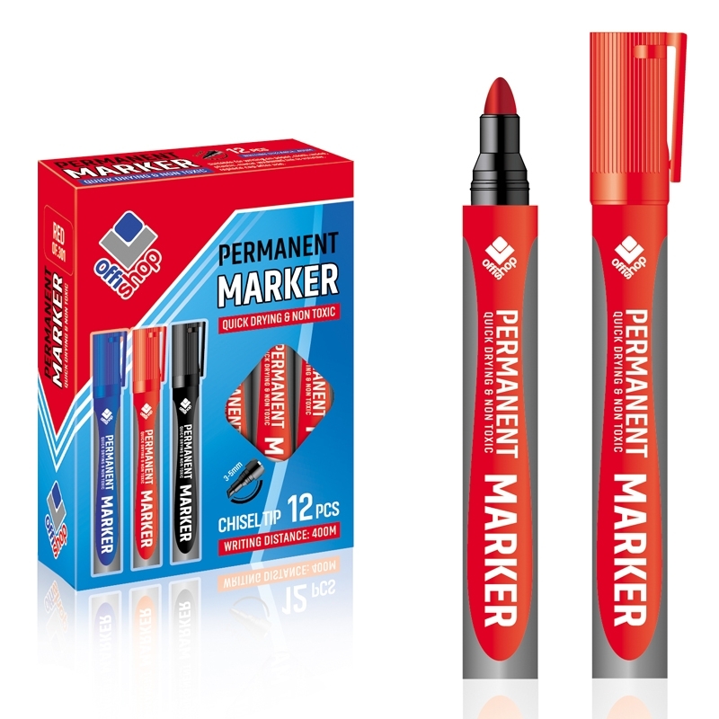 Marker permanent rosu, 2-4 mm, 12 buc/set - OFFISHOP- Varf rotund, rosu,- Potrivit pentru scris pe hartie, material textil, lemn, plastic, metal, etc,- Lungime de scriere: 400 m,- Grosime de scriere: 2-4 mm,- Uscare rapida,- Ambalare: 1/12 .