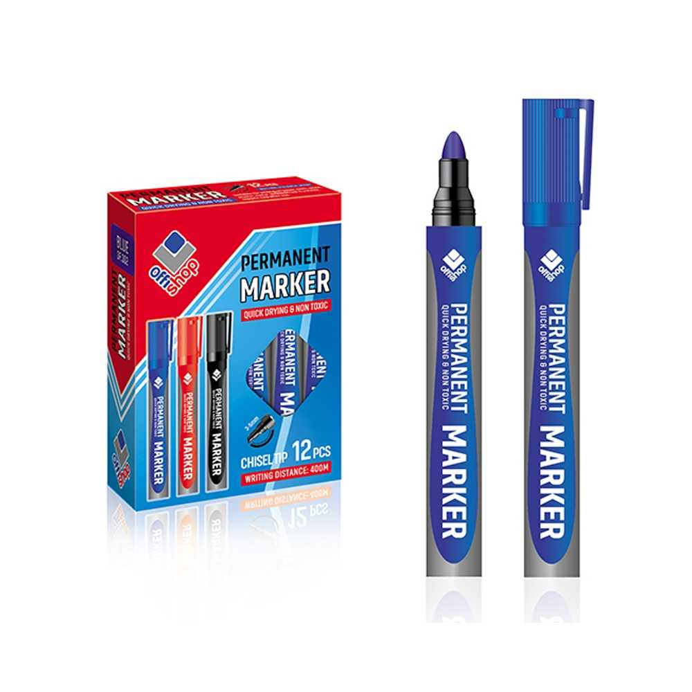 Marker permanent, rotund, albastru, 12 buc/set - OFFISHOP- varf rotund- urma de scriere intre 2 si 4 mm, in functie de unghiul de subliniere/scriere- lungime marker: 13,5 cm- distanta scriere: 400 m
