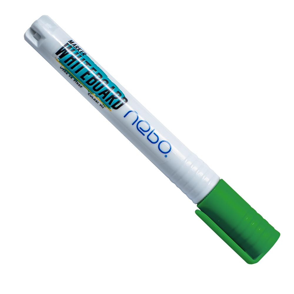 - Setul NEBO include 12 markere whiteboard cu scriere de culoare verde.- Pretul afisat este pentru un marker.- Markerele au varf rotund, cerneala pe baza de alcool, corp din plastic, capac ventilat.