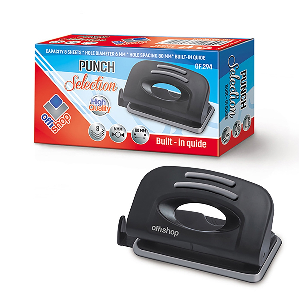 Perforator plastic, 8 coli, Selection - OFFISHOP - Calitate inalta, - Capacitate: 8 coli, - Diametru gauri: 6 mm, - Distanta intre gauri: 80 mm, - Are opritor pentru formate si perforeaza 2 gauri.