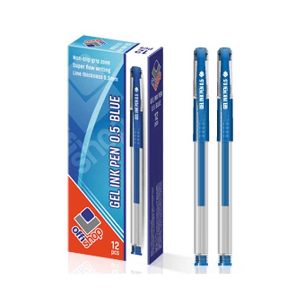 Pix cu gel/mina albastra, 12 buc/set - OFFISHOP- Corpul si capacul sunt confectionate din plastic.- Capacul pixului este prevazut cu clips de prindere si ventilatie.- Culoare mina: albastra.- Pasta tip gel.- Punct de scriere: 0,5 mm.- Lungime pix: 15 cm.- Produsul este ambalat la cutie cu 12 pixuri.