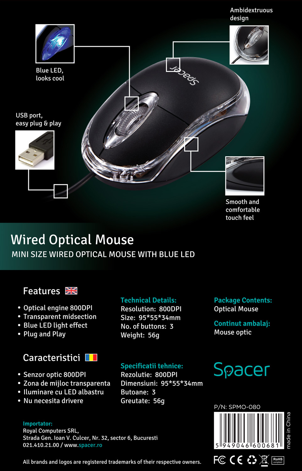 MOUSE Spacer 800dpi BK SPMO-080 - imagine 4