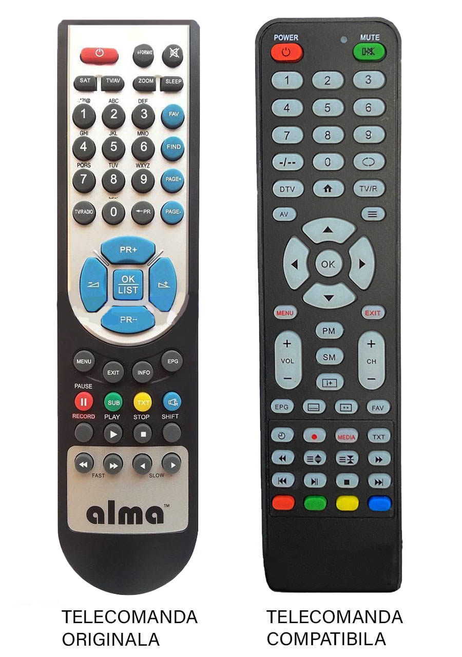 Telecomanda compatibila pentru receptor – Alma HD S-2000, HD S-2100, HD S-2200; Se vinde produsul din  dreapta compatibil cu originalul. Cod MFY: 775 Cod ER: 785