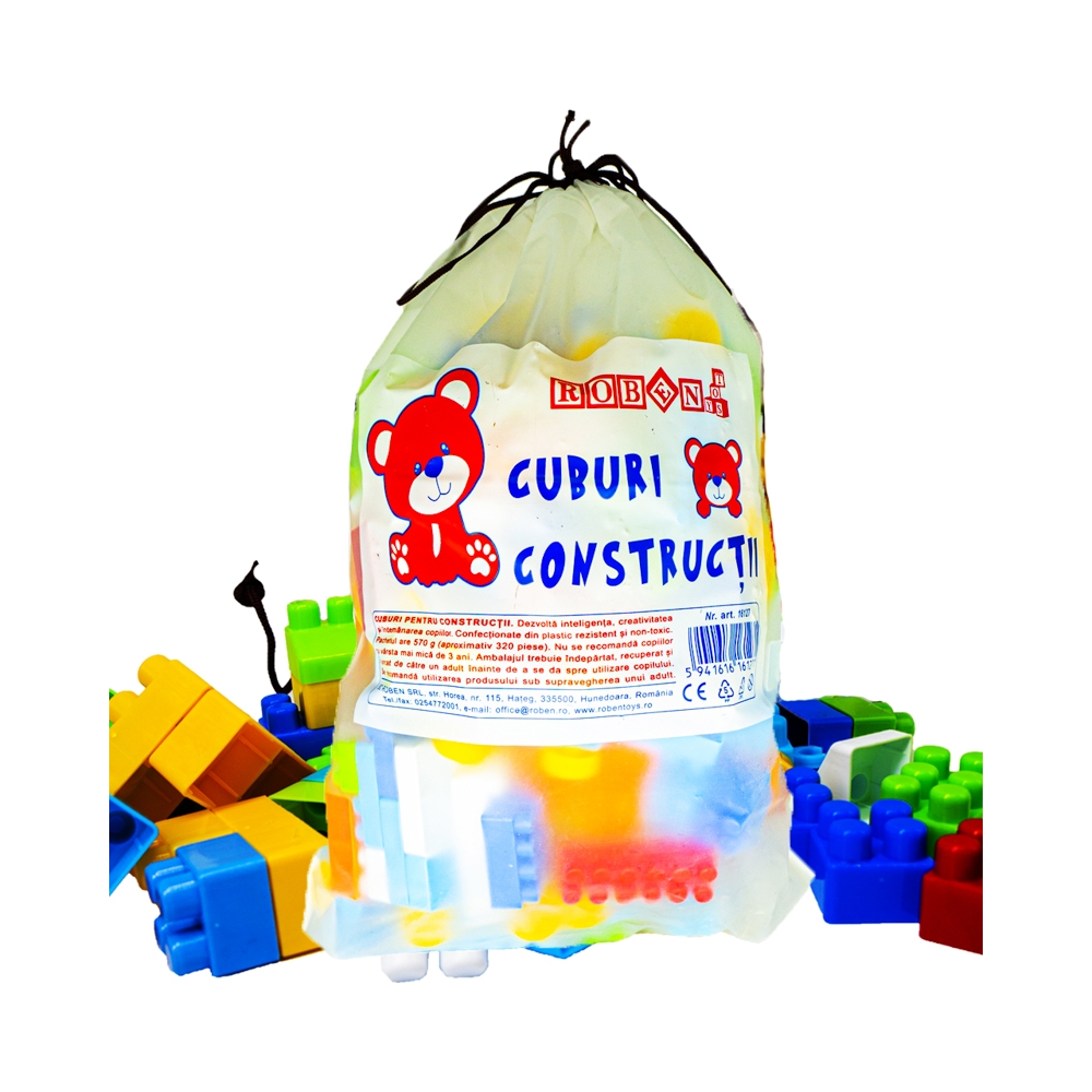 Cuburi constructii ambalaj mare, 320 piese/570g  - Pachetul contine : 320 de piese in diferite dimensiuni si forme culori vii. - Piesele se pot pastra in gentuta de depozitare.