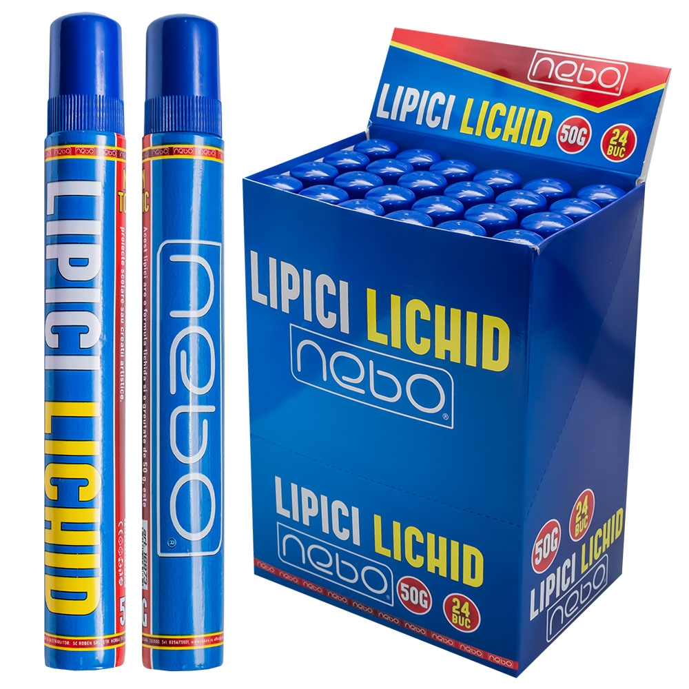 - Setul NEBO contine 24 bucati lipici lichid, 50 g/ bucata, ambalate in cutie display din carton.- Pretul afisat este pentru o bucata.- Lipiciul lichid este ambalat in tub din plastic cu capac infiletabil.