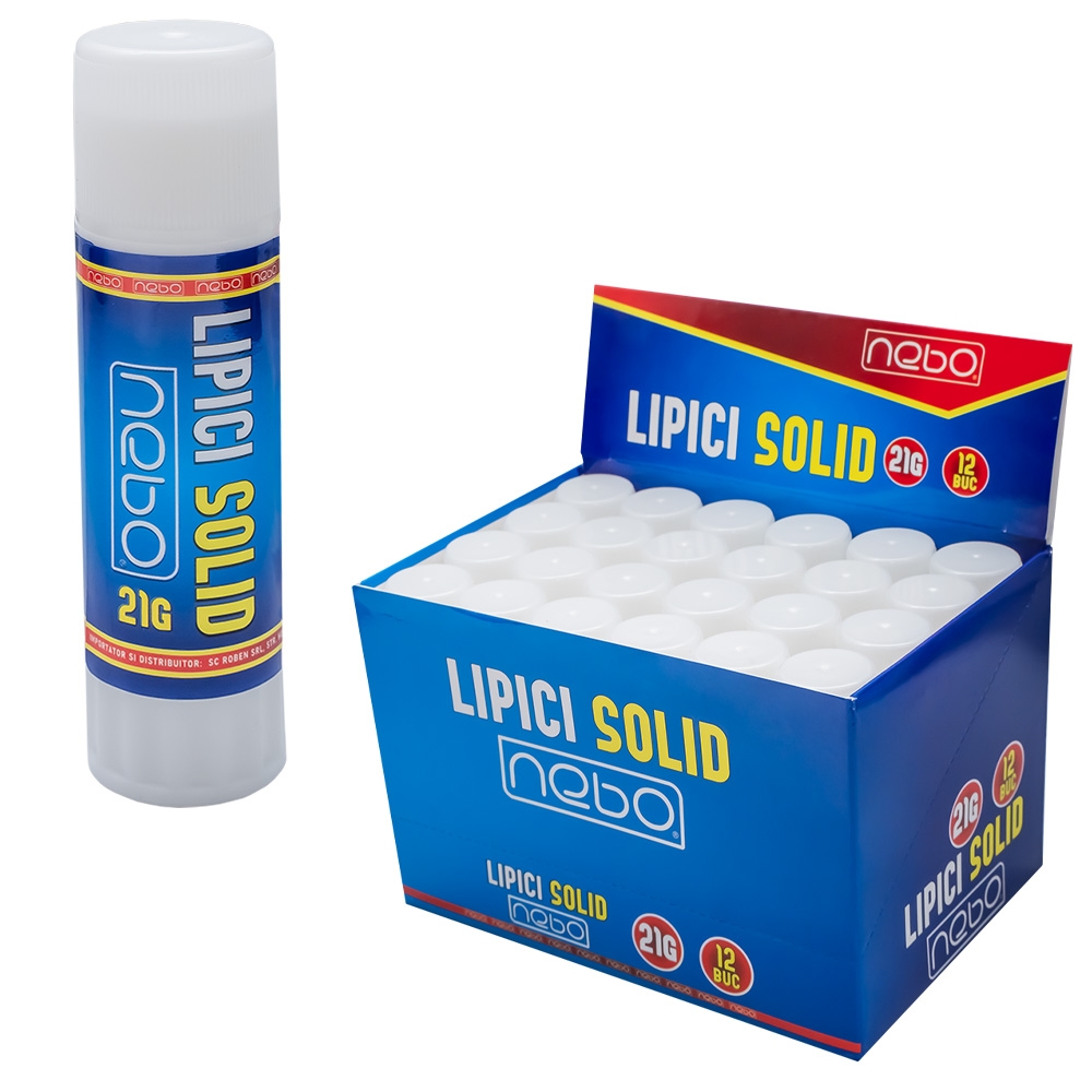 Descriere scurta- Setul NEBO contine 24 bucati lipici solid, 21 g/ tub, ambalate in cutie display din carton.- Pretul afisat este pentru o bucata.- Lipiciul este ambalat in tub din plastic prevazut cu capac si mecanism de avansare a lipiciului prin rasucire.