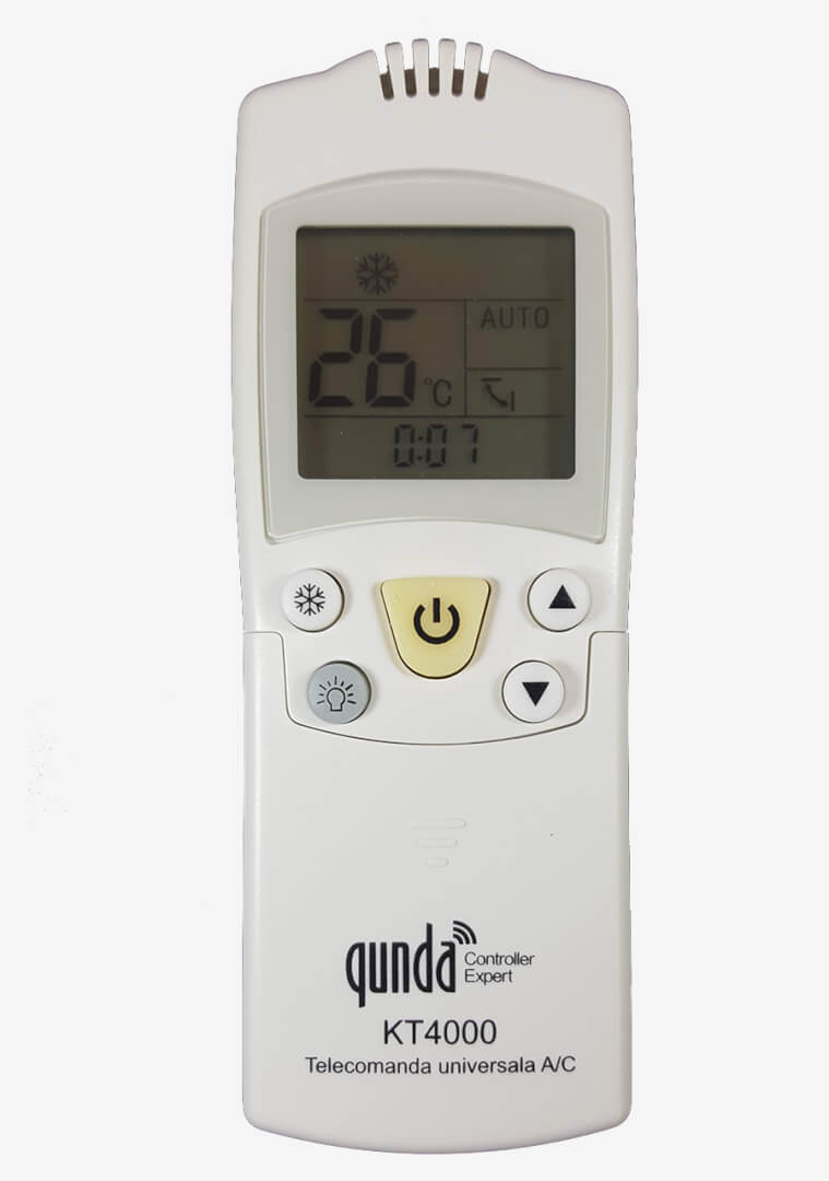 Telecomanda Aer Conditionat Qunda – KT4000, Universala 4000 coduri. Telecomanda are aceleasi functii pe care le are telecomanda originala. Functioneaza cu 2 baterii alkaline AAA. Afisajul digital arata facilitatile pe care le aveti pe aparatul de aer conditionat. Telecomanda aer conditionat Qunda – KT4000 este verificata de personal inainte de a fi livrata catre dumneavoastra.