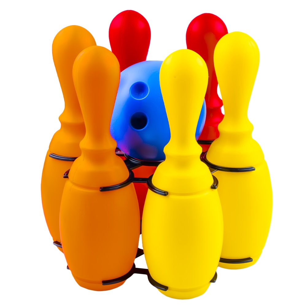 - Confectionat din material plastic, non-toxic.- Disponibil in diverse combinatii de culori.- Contine 6 popice, minge si suport.- Conurile au dimensiune de 7,5x7,5x25cm, cu baza de 4,5x4,5 cm.- Dimensiune minge: 10x10x10 cm.