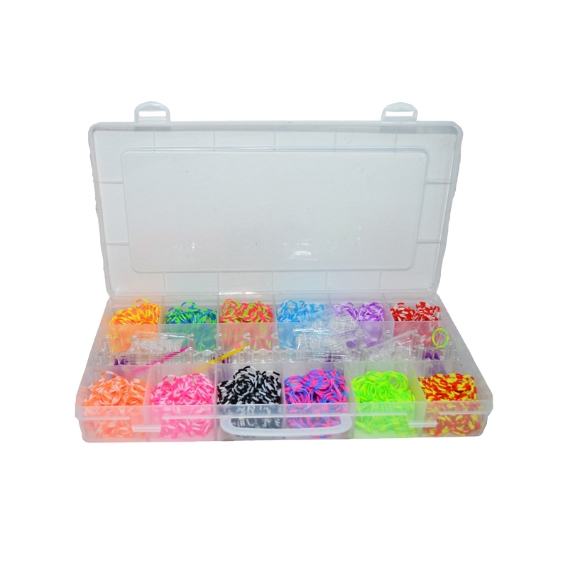 Set creativ elastice, 2400 piese/cutie- Setul contine: crosete, suporturi pentru impletit, carlig, cleme de prindere sub forma de S, elastice divers colorate (12 culori).- Elasticele sunt ambalate in cutie de plastic, cu multiple compartimente + maner pentru transport, ideala pentru a depozita elasticele si dupa utilizarea acestora.- Acest set de elastice este perfect pentru crearea unor bratari.- Jucaria este confectionata din material plastic, non-toxic.