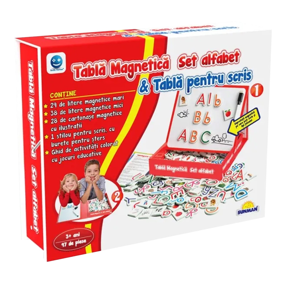 - Pachetul contine: piese magnetice (27 de litere mari, 36 de litere mici, 2 semne de exclamatie, 2 cratime, 29 cartonase cu ilustratii, pentru ca micii exploratori sa scrie pe tabla ce reprezinta aceste ilustratii), 1 marker negru, 1 ghid de activitati cu jocuri educative.- Accesoriile sunt ambalate in cutie din carton ce are pliata pe capac o tabla magnetica lucioasa.- Numar de jucatori: 1.