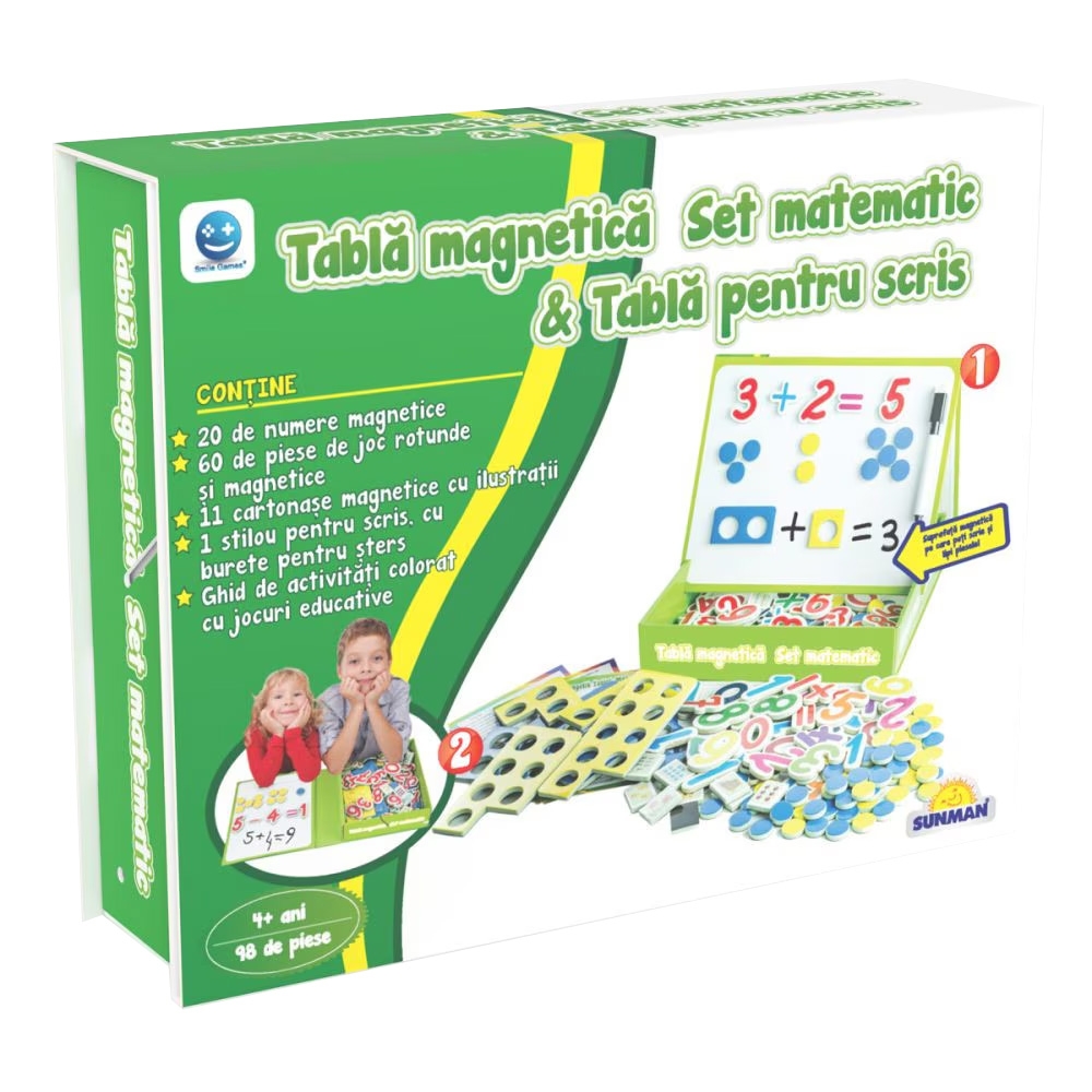 - Pachetul contine: 20 de numere magnetice, 60 de piese magnetice de joc cu forma rotunda (30 galbene si 30 mov) si 6 sub forma de semne matematice, 10 cartonase magnetice cu ilustratii, 1 marker negru, 1 ghid de activitati cu jocuri educative.- Accesoriile sunt ambalate in cutie din carton ce are pliata pe capac o tabla magnetica lucioasa.- Numar de jucatori: 1.